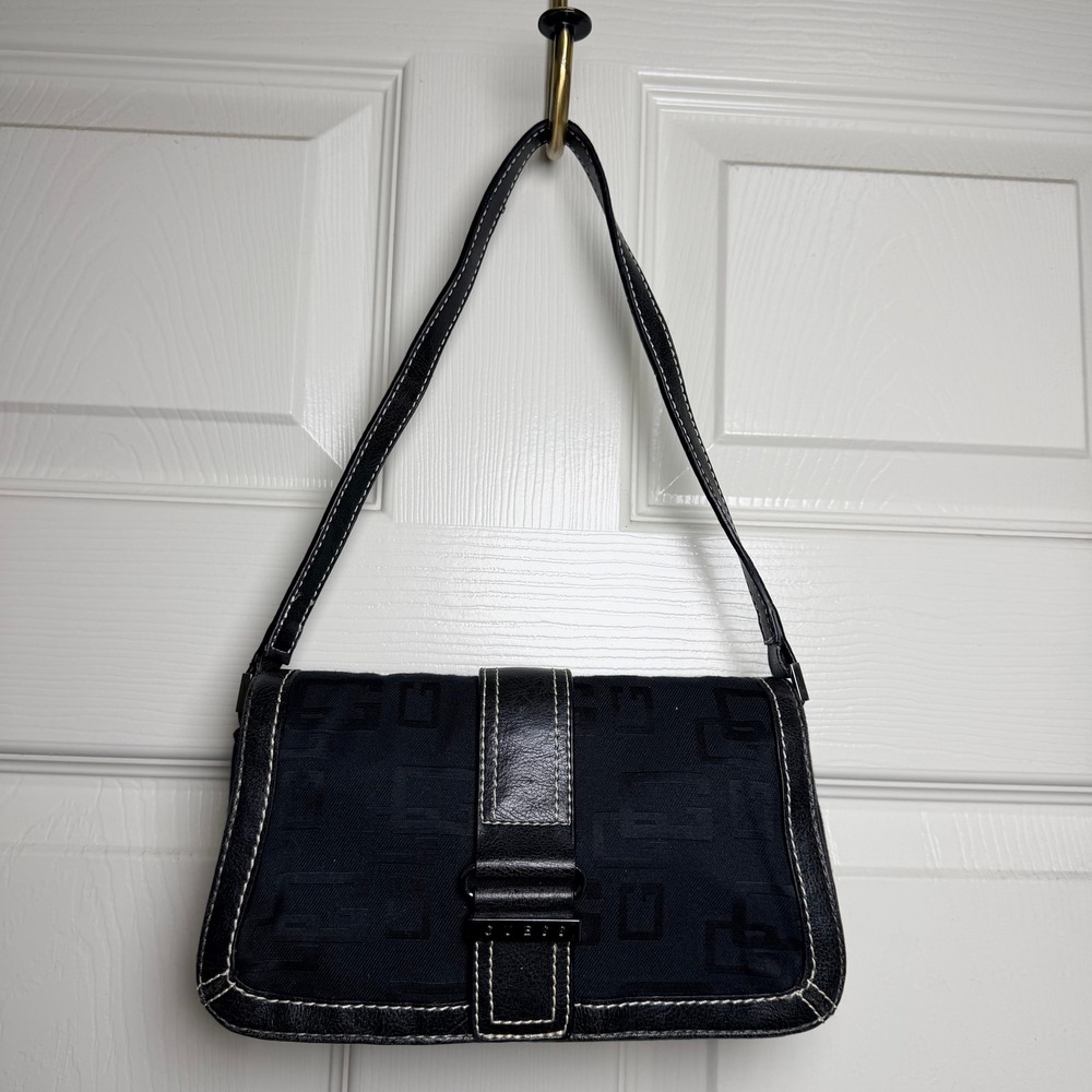 Guess Black Monogram Jacquard Baguette Shoulder Bag Y2K Buckle Flap Purse